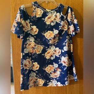 Blue and Floral Open Shoulder Top